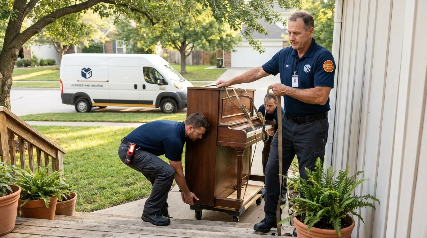 Licensed piano movers securing grand piano in Cooper, TX