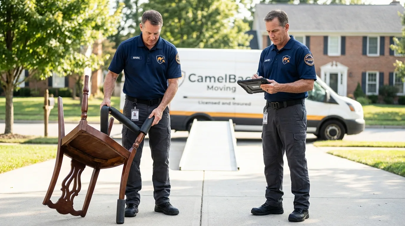 Movers inspecting furniture for damage prevention before loading in Cooper, TX