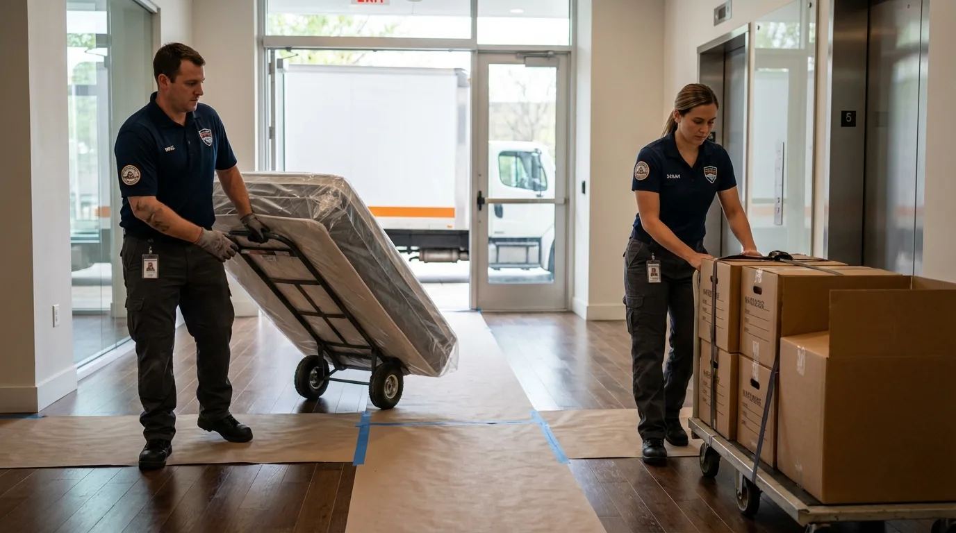 Professional apartment movers loading elevator in Cooper, TX