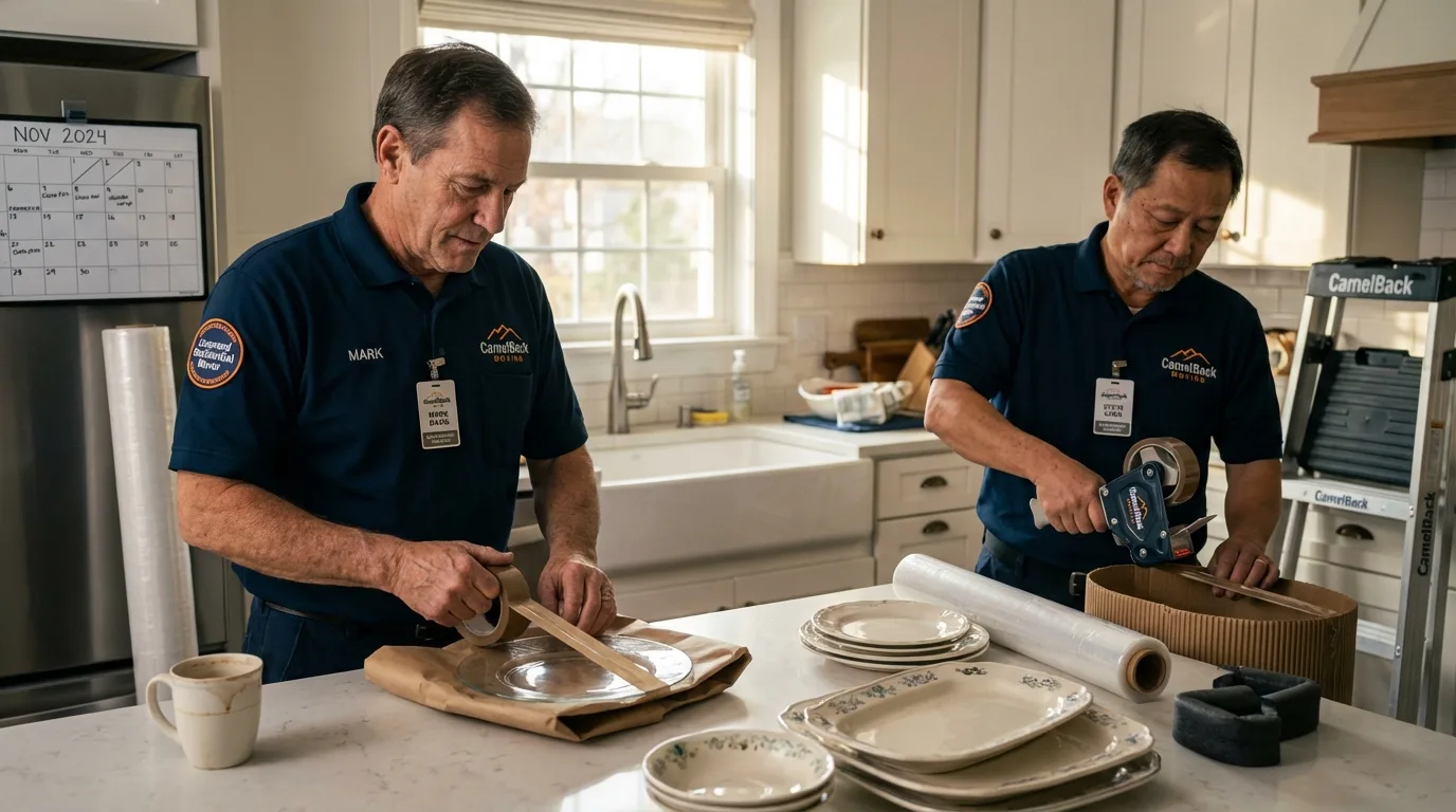 Professional crew packing kitchen dishware in Cooper, TX